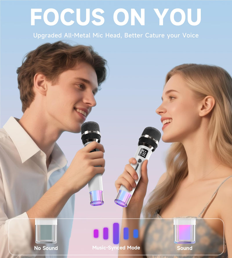 Wireless Microphones, Microphone with One-to-One Chip Connection and LED Lights, 40H Duration, 200FT Range Receiving, Volume Control Karaoke Microphone for Singing, Speech, Home Party, YouTube/TikTok White