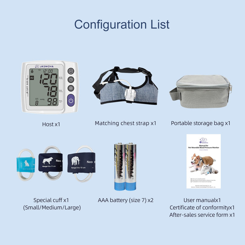 Wearable Pet Blood Pressure Monitor for Dogs & Cats, Oscillometric Home Monitoring Device with Adjustable Chest Strap, Multi-Size Cuffs, 240 Sets Memory for 2 Users, Large LCD Display