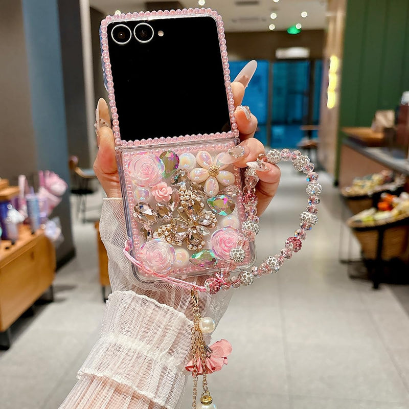 Changjia for Samsung Galaxy Z Flip 8 5G Glitter Bling Case,Cute 3D Sparkle Pearl Butterfly Crystal Rhinestones Flowers Diamonds Gems with Lanyard Wrist Strap Women Girls Case for Galaxy Z Flip 8,Pink Pink