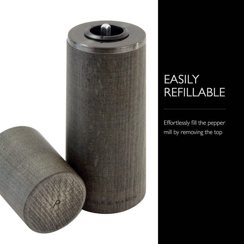 Cole & Mason Marlow Rustic Grey Wood Pepper Mill - Balanced Pepper Grinders - Refillable Spice Tools - Adjustable Peppercorn Grinder Settings - Dark Grey Marlow Gray