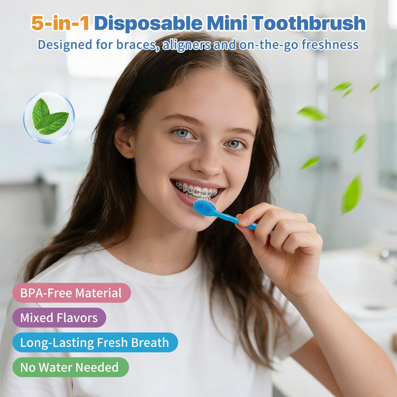 5-in-1 Disposable Toothbrush with Toothpaste (70 Pack), Mini Travel Toothbrushes with Soft Bristles, Dental Floss, Toothpick & Tongue Scraper, No Water Needed, 4 Flavors 70