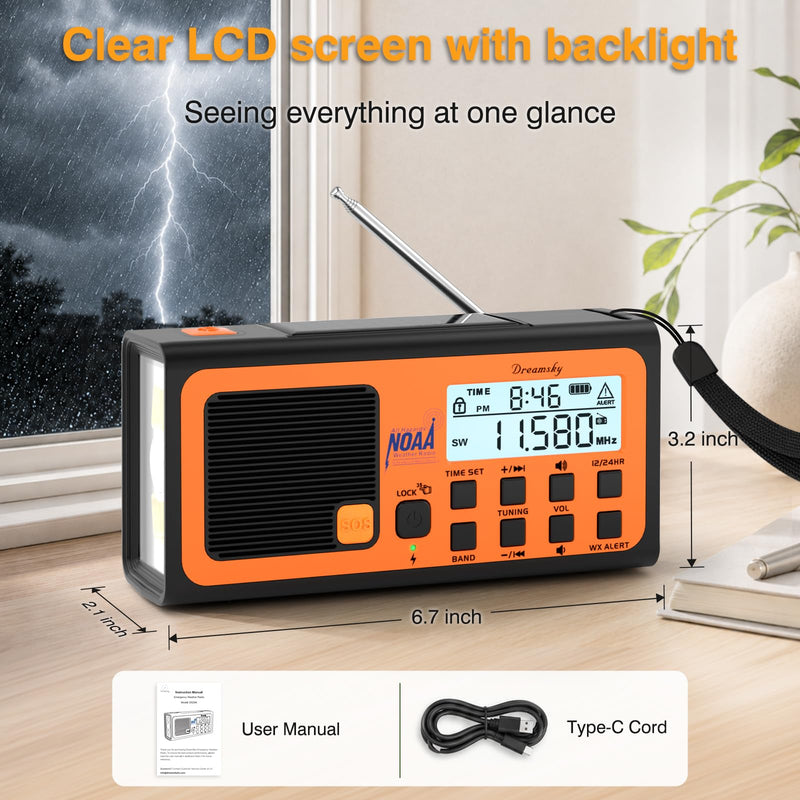 DreamSky Emergency Radio NOAA Weather Alert with Hand Crank | Radio Portable AM FM SW, 18500mWh Rechargeable Battery Operated, Solar Powered, SOS Alarm, Flashlight, Reading Lamp, USB Port Orange