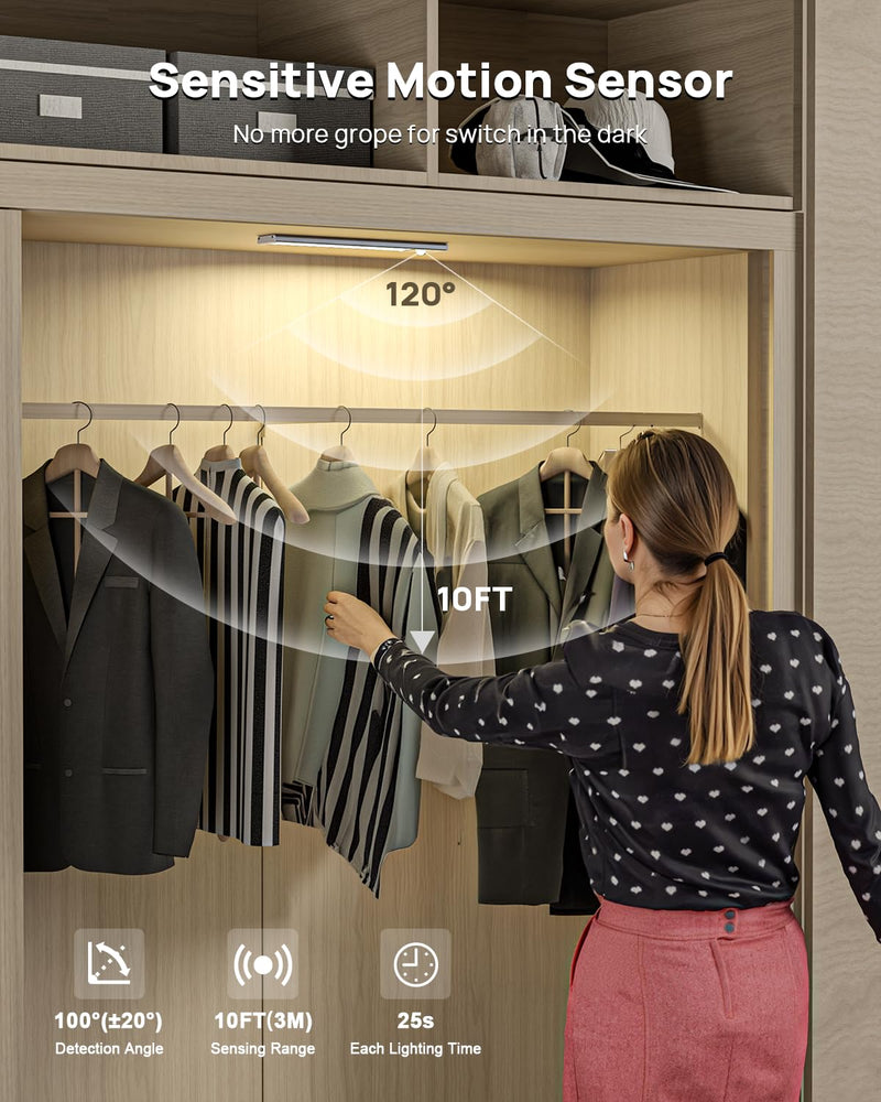Under Cabinet Lighting with Remote Control,USB Rechargeable 180 Lumen LED Motion Sensor Light Indoor,Wireless Under Counter Light,3 Color Dimmable Closet Light for Bedroom,Wardrobe,Stairs,4 Pack White-9 Inch 4 Pack