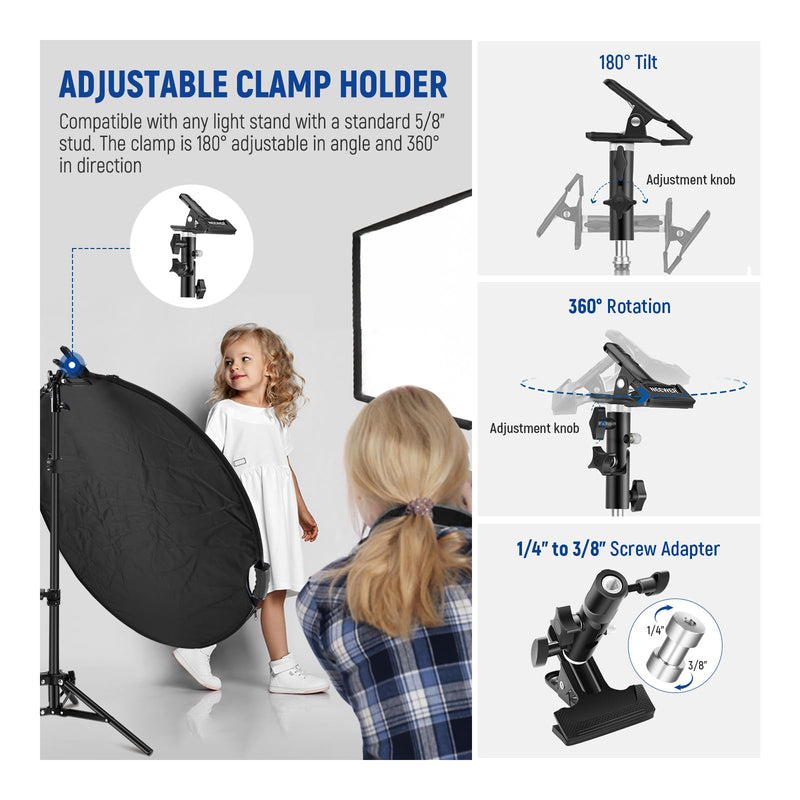 NEEWER 32"/80cm Light Reflector with Clamp & Hand Grips, 5 in 1 Collapsible Multi Disc Photography Reflector Translucent/Silver/Gold/White/Black with 3/8" Thread for Studio Outdoor Lighting, RF-80II 80cm w/Clamp