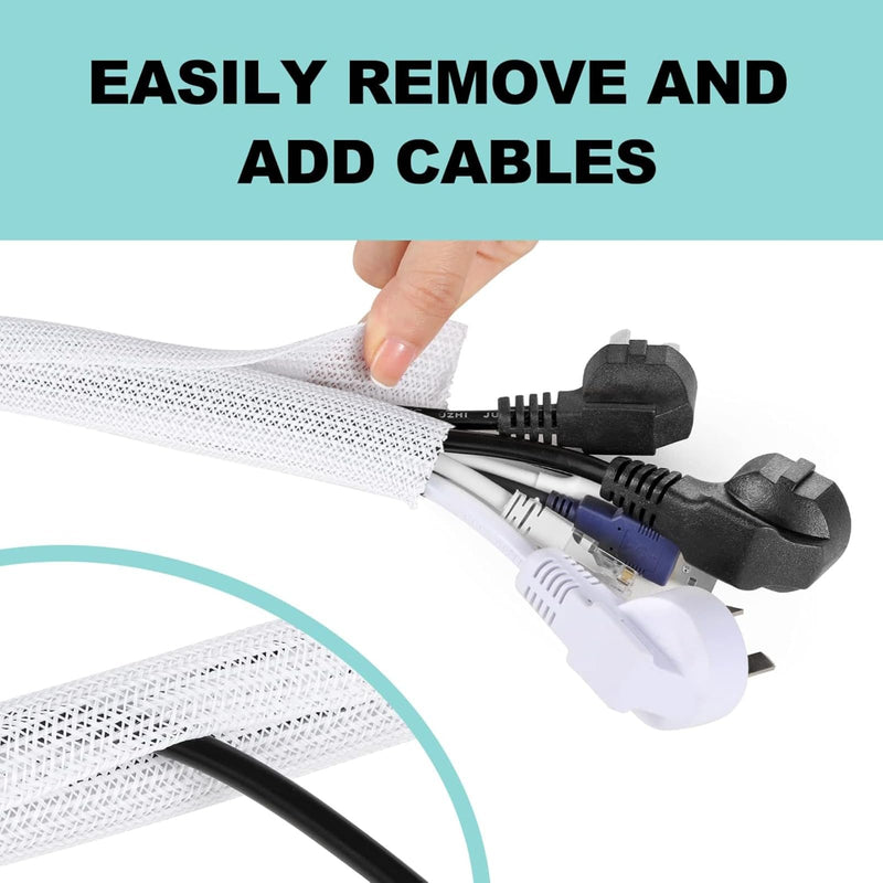 Cable Sleeve, 6.56ft Cable Management, Desk Cord Cover Organizer Wire Hider for Computer TV Wire Loom Tubing, Pet Proof Cord Protector from Cat Dog Chewing (6.56FT,White) White