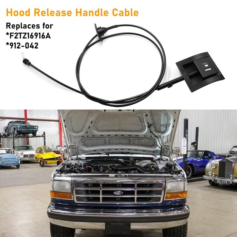 Hood Release Cable & Handle Compatible With 1987-1997 Ford F150 F250 F350 Super Duty Bronco F53 F59 - Latch Replace for 912-042 F2TZ16916A - 1PC, Black