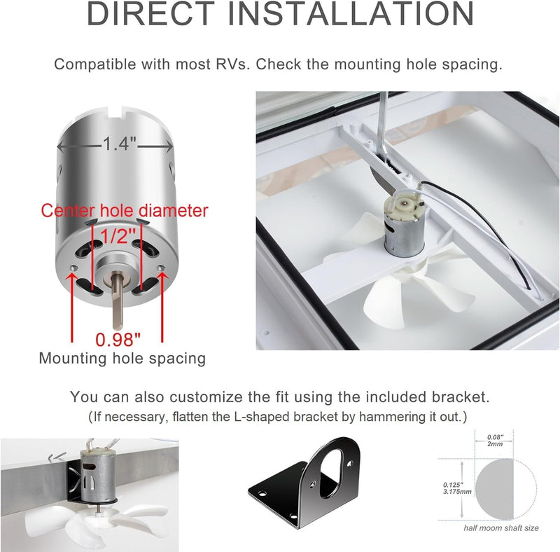 PlusRoc RV Vent Fan Replacement 6 inches RV Exhaust Bathroom Ventilation Roof Ceiling Fan 12V D-Shaft Motor White Blades Compatible with Heng's Elixir Jensen, 130 CFM D Shaft Large Motor (130CFM)