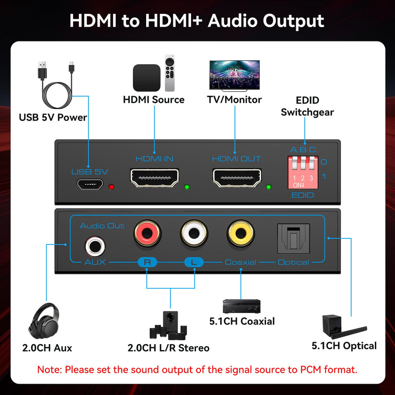 8K 60Hz HDMI Audio Extractor 4K 120Hz HDMI to Optical Coaxial AUX Converter Supports HDCP Digital DTS 5.1 EDID Management PCM 2.0 for Fire TV PS4 PS5 Xbox Light blue