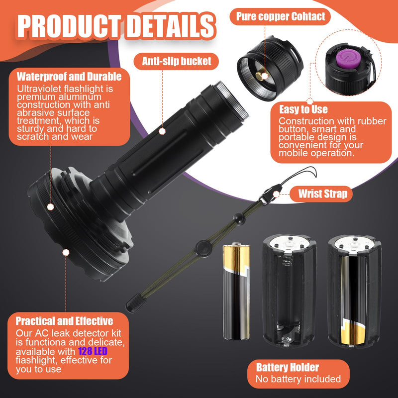 AC Leak Detector Kit AC UV Oil Dye Leak Detection Includes LED Flashlight and UV Protective Glasses with Box for Car Refrigerant Detector Tool(128 LED) 128 LED