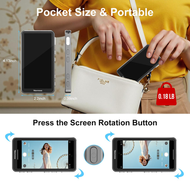 Newmowa Touchscreen Phone Vlog Selfie Monitor Screen, Magnetic Wireless Back Camera Selfie Monitor with Focus Adjustment ONLY for iPhone, Support 4K 30fps Wireless Recording for iPhone 15/16(Grey) Grey