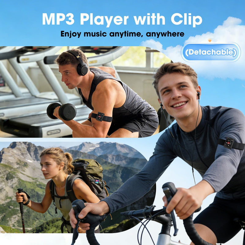 Bluetooth 5.3 Mini MP3 Player, 1.8" Touchscreen Portable Tiny Music Player with Speaker, FM Radio, Voice Recorder, Pedometer, Detachable Sports Clip with Earphones, 8GB Expandable up to 128GB, Black 8.0 GB