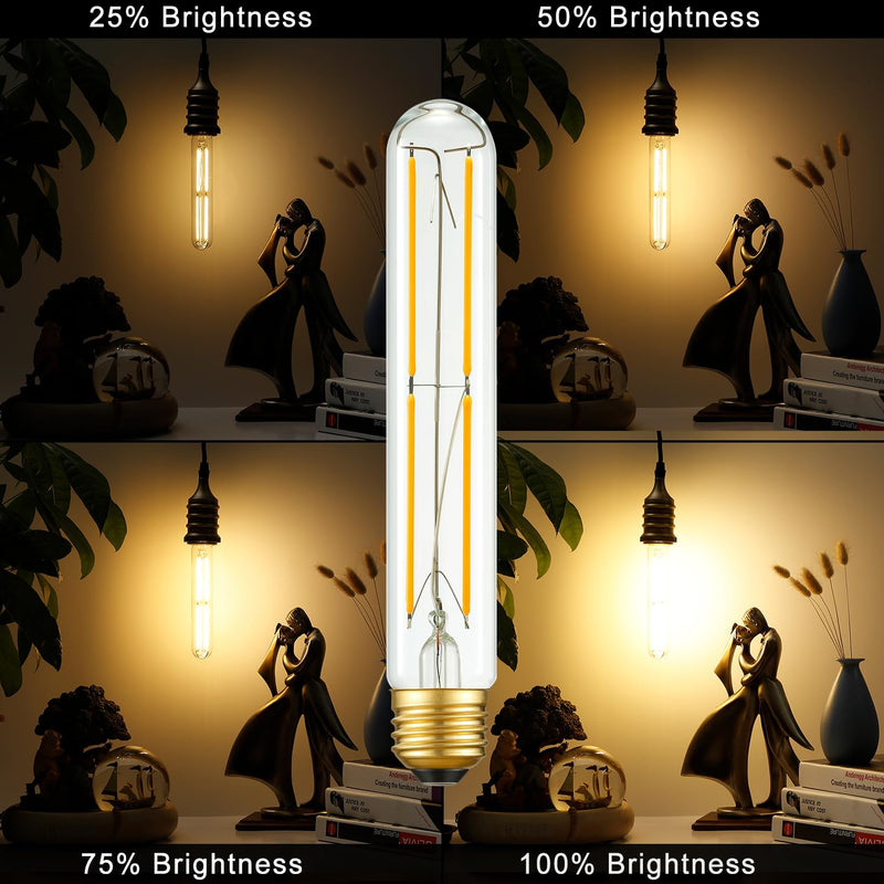 Arberlic 7.3 Inch T10 LED Bulb,6W Tubular Light Bulb Equivalent E26 led Bulb 60 watt dimmable,Warm White 2700K,600lm,CRI85+,AC120V,Clear Glass Long E26 Edison Bulb,Flicker-Free,Pack of 6 7.3 INCH 6W=60W Clear