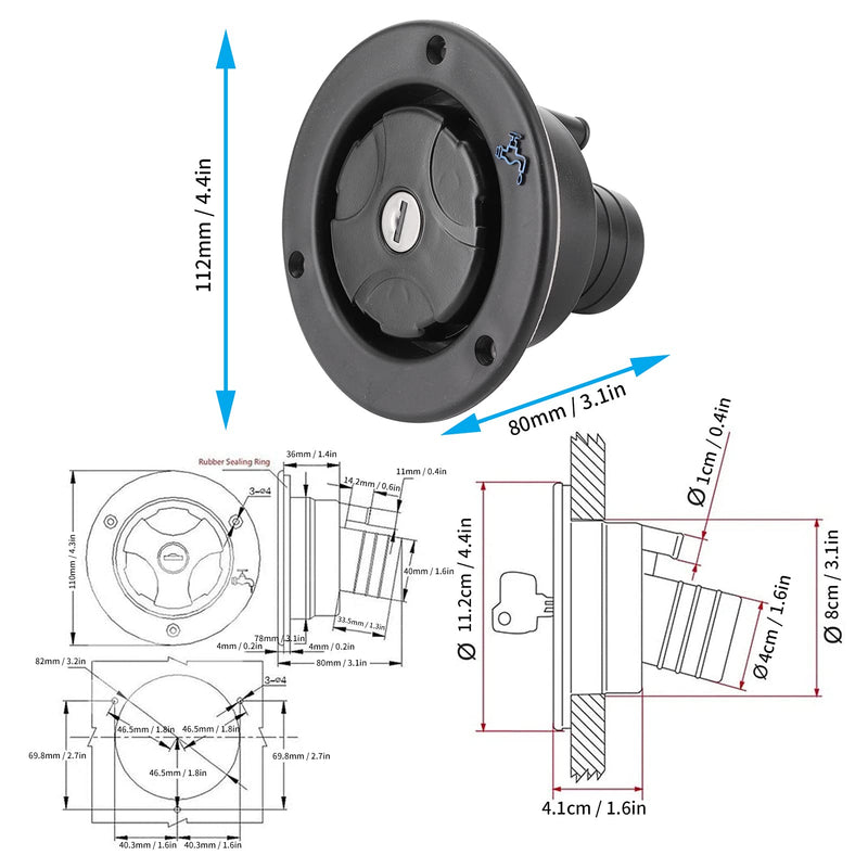 Water Inlet, Leakproof Black Water Filler RV Water Filling Resistant Lockable Water Filling Port with 2 Keys for Motorhome for RV