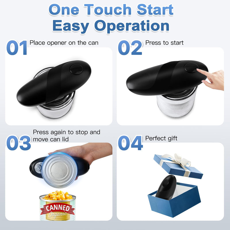 Battery Operated Electric Can Opener – Automatic, Hands-Free, Smooth Edge, One-Touch Jar Opener for All Can Shapes and Sizes, Portable and Safe Kitchen Gadget, Easy to Use for Seniors and Arthritis Black