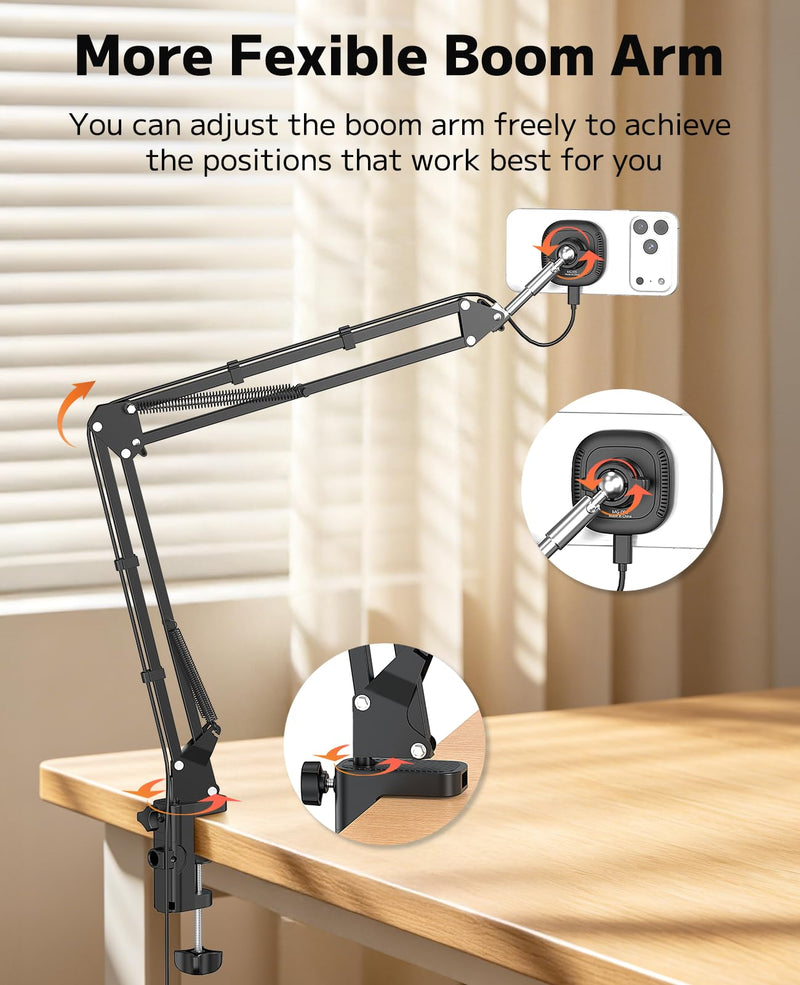 VRIG Magnetic Wireless Charger Phone Stand for Bed Desk Flexible Long Arm | Magsafe Overhead Phone Mount Stand for Desk, Adjustable Bedside Laying Down Magic Arm Clamp for iPhone, Vlogging, Drawing Wireless Charger Stand