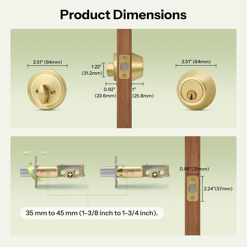 Moquin Gold Deadbolt Lock for Exterior Door, Single Cylinder Deadbolt with Key, One-Sided Deadbolt Lock, Satin Brass