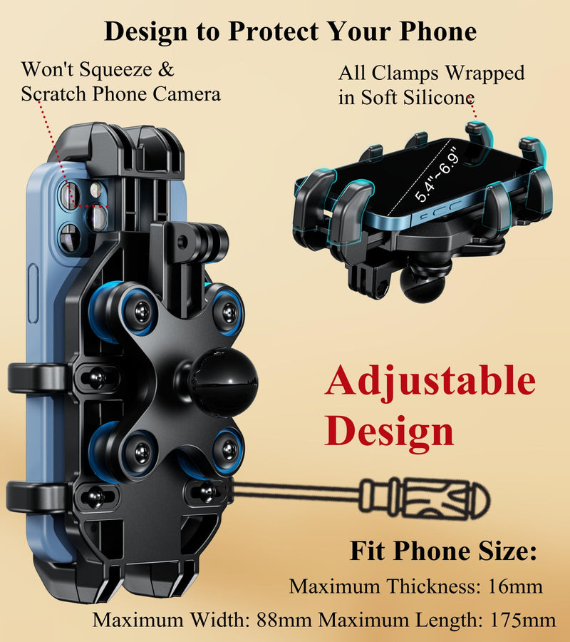 BRCOVAN 1'' Ball Phone Mount Holder with Vibration Dampener, Compatible with RAM Mounts B Size Double Socket Arm, Adjustable Heavy Duty for Bike Motorcycle Scooter ATV UTV, Fit 5.4-6.9'' Cellphone