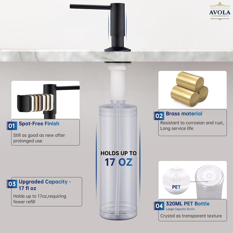 Avola Oil Rubbed Bronze Soap Dispensers with Brass Pump, 17OZ Bottle Soap Dispensers for Kitchen Sink,Commercial Liquid Dish Dispenser, Bronze Built in Sink Soap Dispenser With Soap Bottle Oil Rubber Bronze