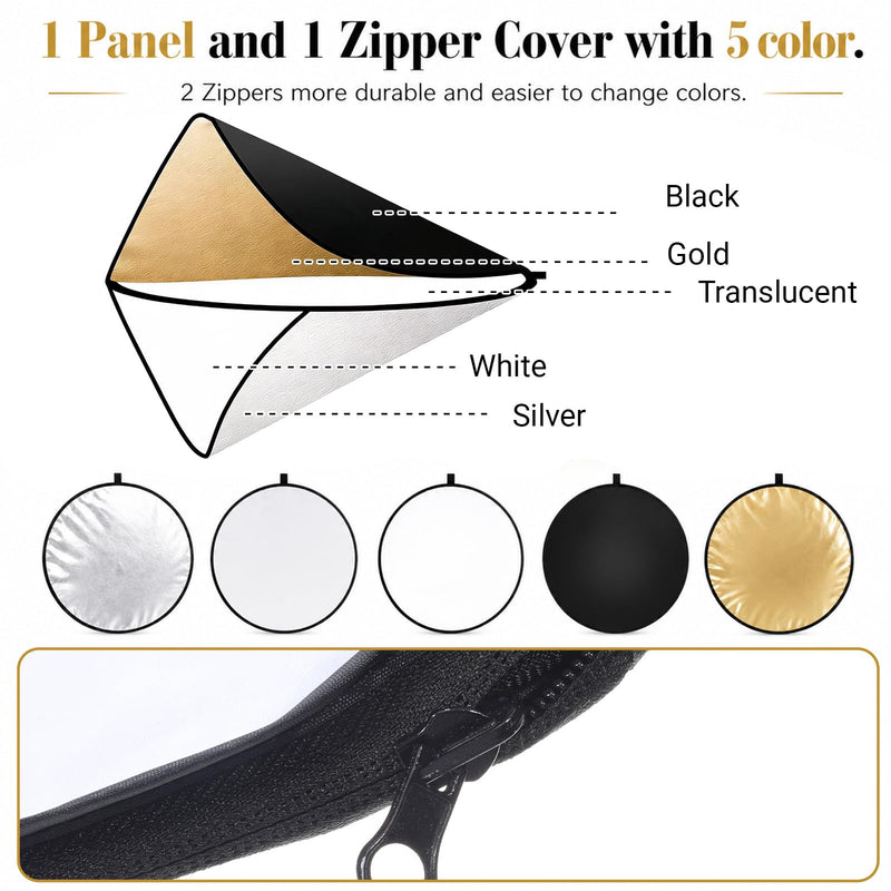 24Inch/60CM 5 in 1 Light Reflector with Bag | Portable Light Diffuser Photography Reflector for Studio Outdoor Photography Translucent, Silver, Gold, White, Black
