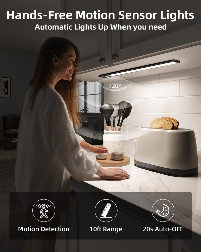 EZVALO 14.5inch Under Cabinet Lighting, 3200mAh Rechargeable Motion Sensor Lights Indoor 3 Color Temps, Magnetic Stick On LED Closet Lights Wireless, Dimmable Under Counter Lights for Kitchen- 2 Pack 14.5 inch Black