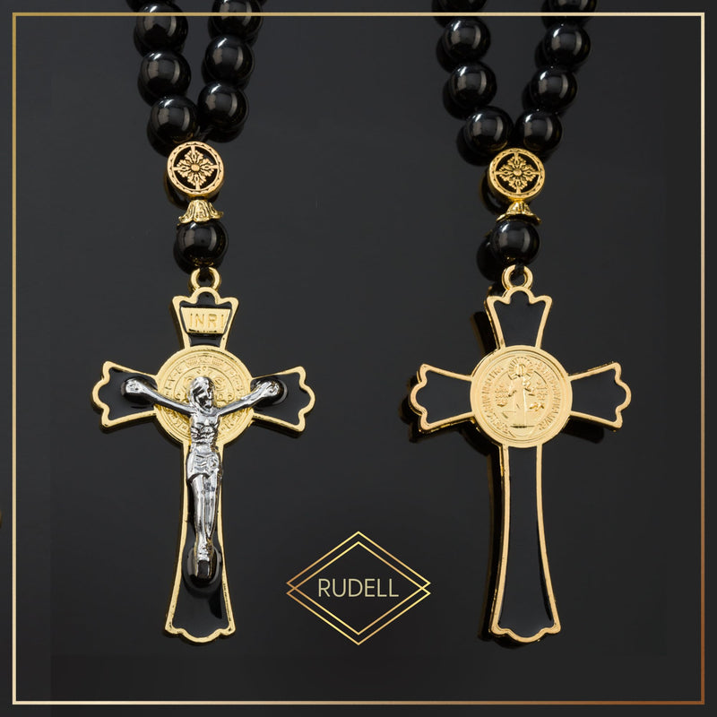Car Rosary for Rearview Vehicle Mirror, Rosary Beads Catholic for Women, Black Rosary for Men, Cross for Car Mirror Hanging, Medal Cross Saint Benedict Rosary for Car & Truck - Christian Gift 40 Beads