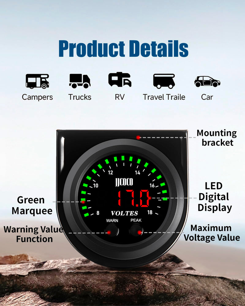  [AUSTRALIA] - 8~18V Voltmeter Gauge Digital Volt Gauge 12V/24V DC LED Display Voltage Meter Kit with Mounting Bracket for Car Truck Vehicle Automotive 2-1/16" 52mm Round Green+Red