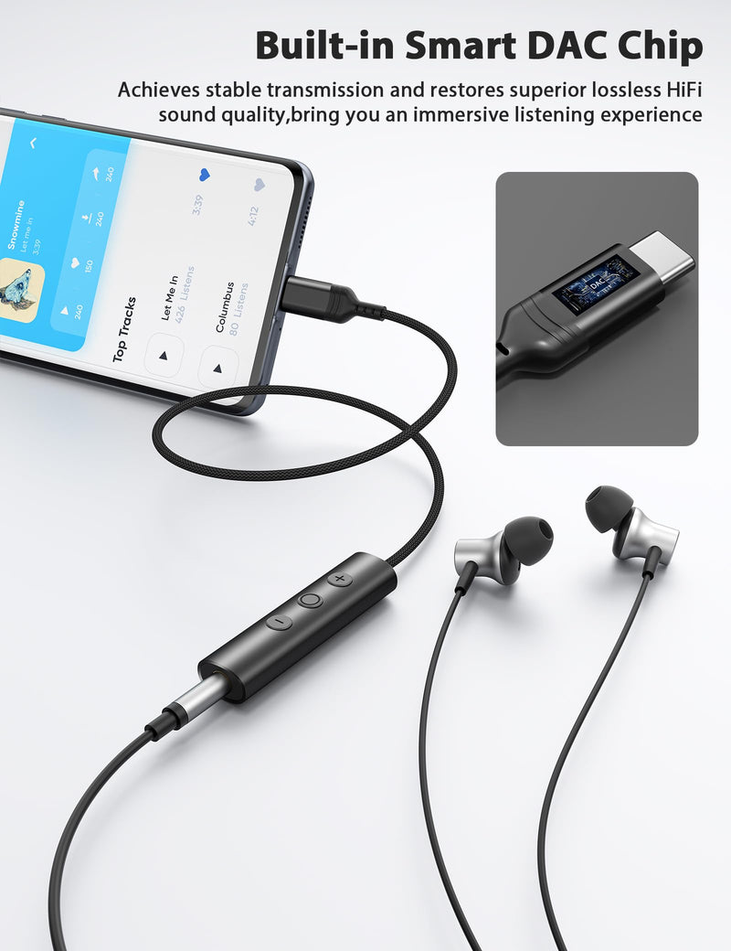 USB C to 3.5mm Headphone Aux Jack Adapter Cable with in-Line Control | Type C to 3.5mm Audio Converter AUX Dongle Braided Cable Type C Earbuds Adapter for iPhone 17 16 15/Samsung S26 S25 S24,Black Black