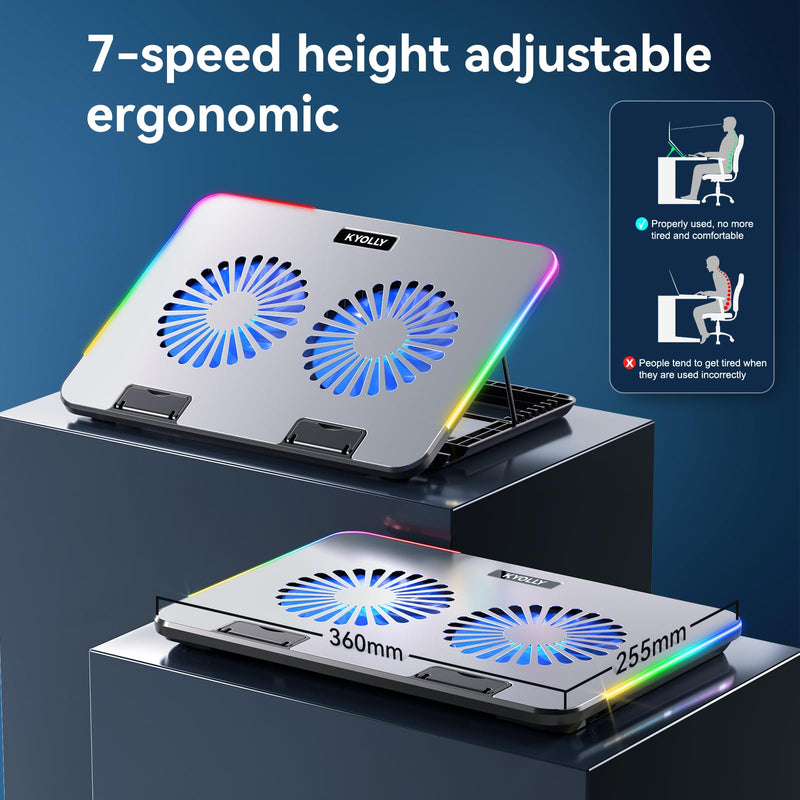 RGB Gaming Laptop Cooling Pad with Metal Panel, 2 Ultra Quiet Big Fans, 10 Lighting Modes, Phone Stand & 7 Height Adjustable Ergonomic Cooler for 10-15.6 Inch Laptops Silver