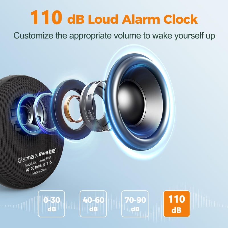 Gianna Vibrating Alarm Clock for Heavy Sleepers - 110dB Loud Alarm Clock, 3 Wake Modes, Auto-Dimming, Rechargeable Battery Operated Bed Shaker for Bedroom and Travel Black