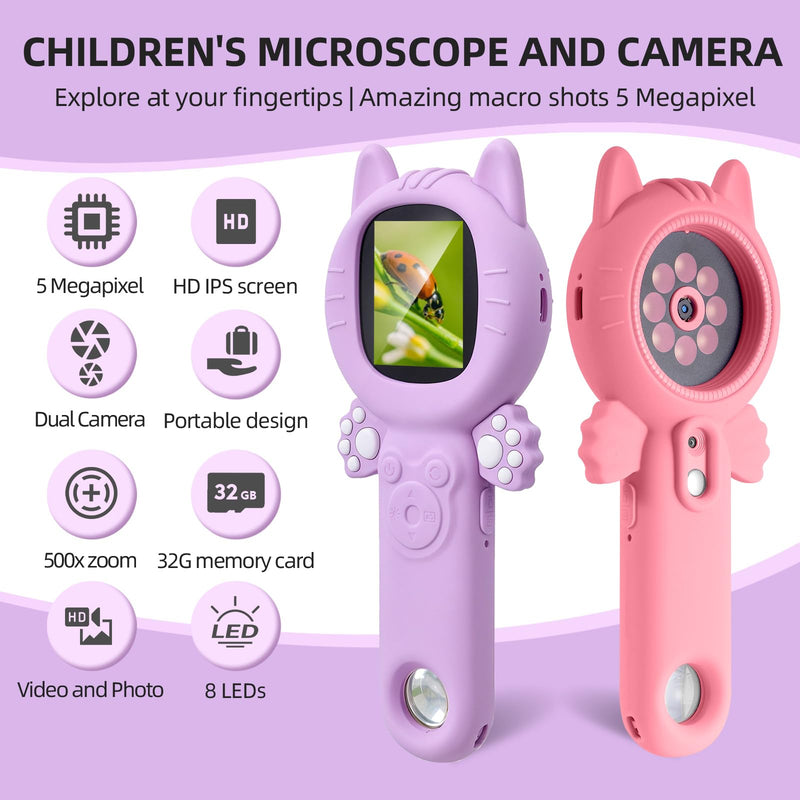 Kids Microscope – 500X Digital Pocket Handheld Microscope with Dual Cameras & Autofocus, STEM Educational Toy & Perfect Christmas Birthday Gift for Boys & Girls Ages 3 4 5 6 7 8 9 10(Pink) Pink cats