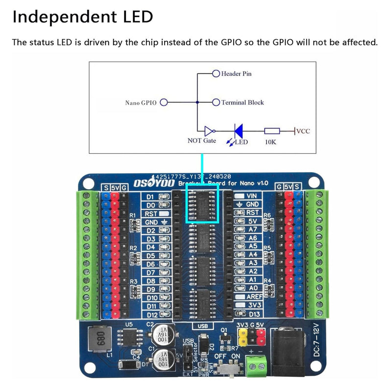 OSOYOO Nano Board with USB-C and Nano I O Shield,Breakout Board with GPIO Status LED