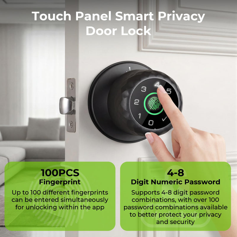 𝐅𝐢𝐧𝐠𝐞𝐫𝐩𝐫𝐢𝐧𝐭 𝐊𝐞𝐲𝐩𝐚𝐝 Door Lock, Smart Biometric Door Knob Support 15M App Control & Auto Lock, 4-in-1 Upgraded Door Lock with 2Keys for Home Office Apartment, Black (Diameter 2.28")