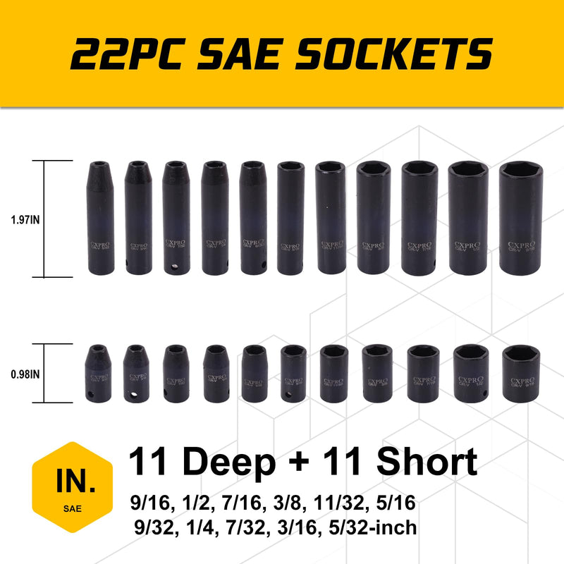 1/4" Cr-V 6 Point Drive Impact Socket Set, 56-Piece Standard SAE (5/32 to 9/16 inch) and Metric (4-15mm) Size, 1/4-Inch Ratchet Handle, Extension Bar, Universal Joint
