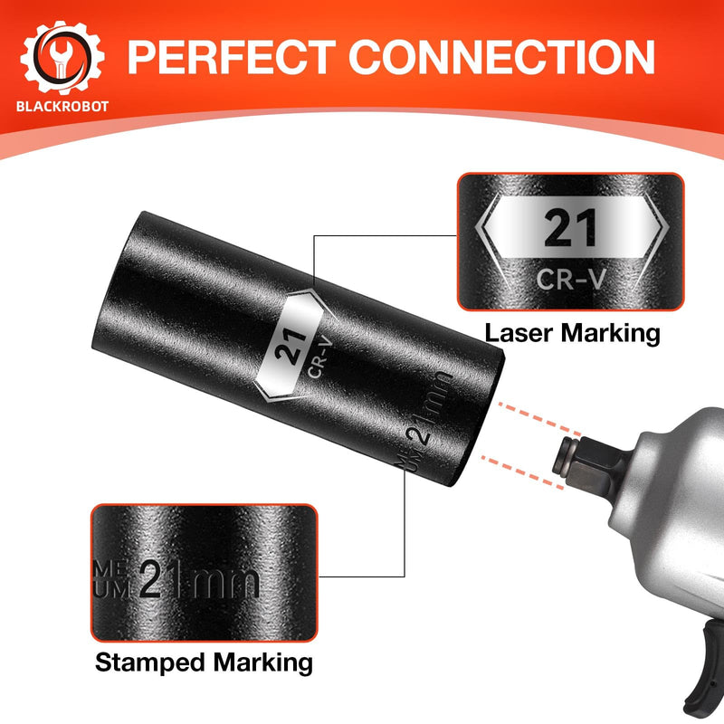 BLACKROBOT 1/2 Inch Drive 6-Point Deep Socket, 21mm Deep Impact Socket, CR-V Steel