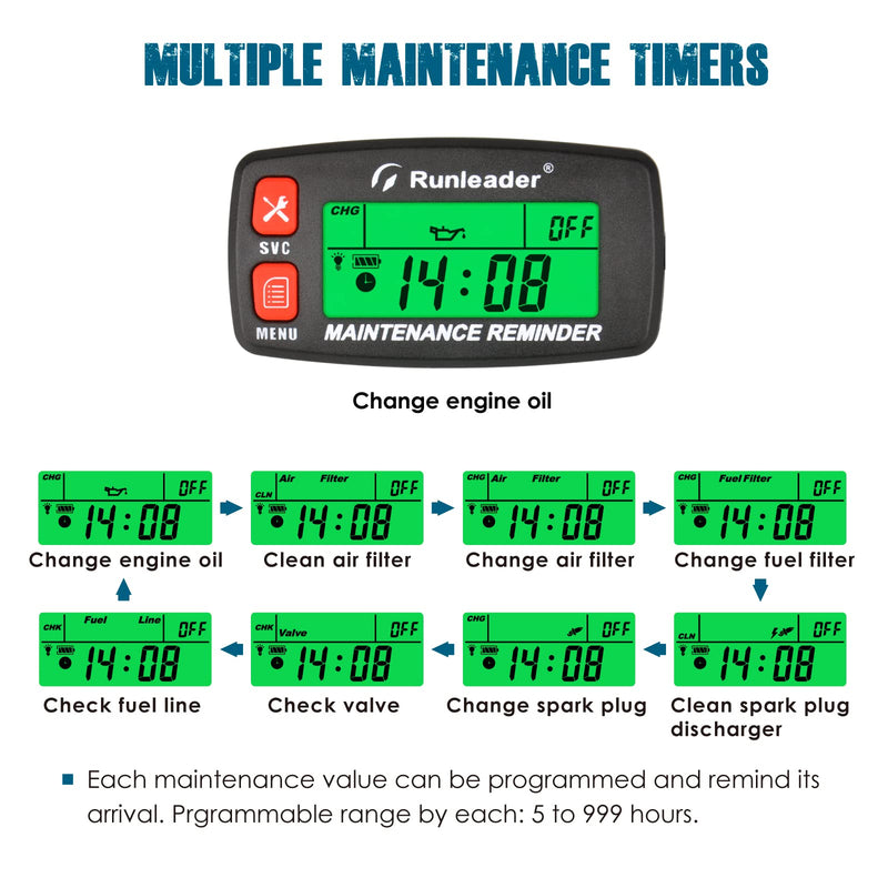 Runleader Digital Maintenance Tach Hour Meter Gauge,RPM Alert,Backlight Display,Battery Replaceable,Used for Small Gas Engine, Works on Garden Tractor Motorcycle Generator Snowmobile Chainsaw Marine.