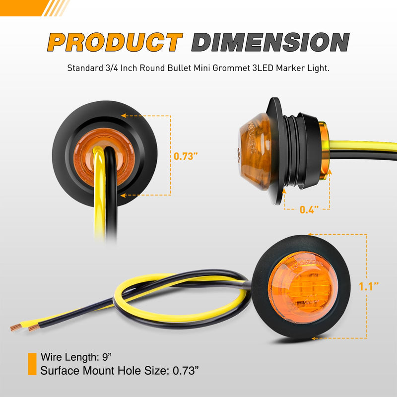 GOOACC 3/4 Inch Bullet Side Marker Light 10PCS Amber Round Clearance LED Front Rear Indicator Lights for Trailer Van Caravan Boat Truck RV Car Bus