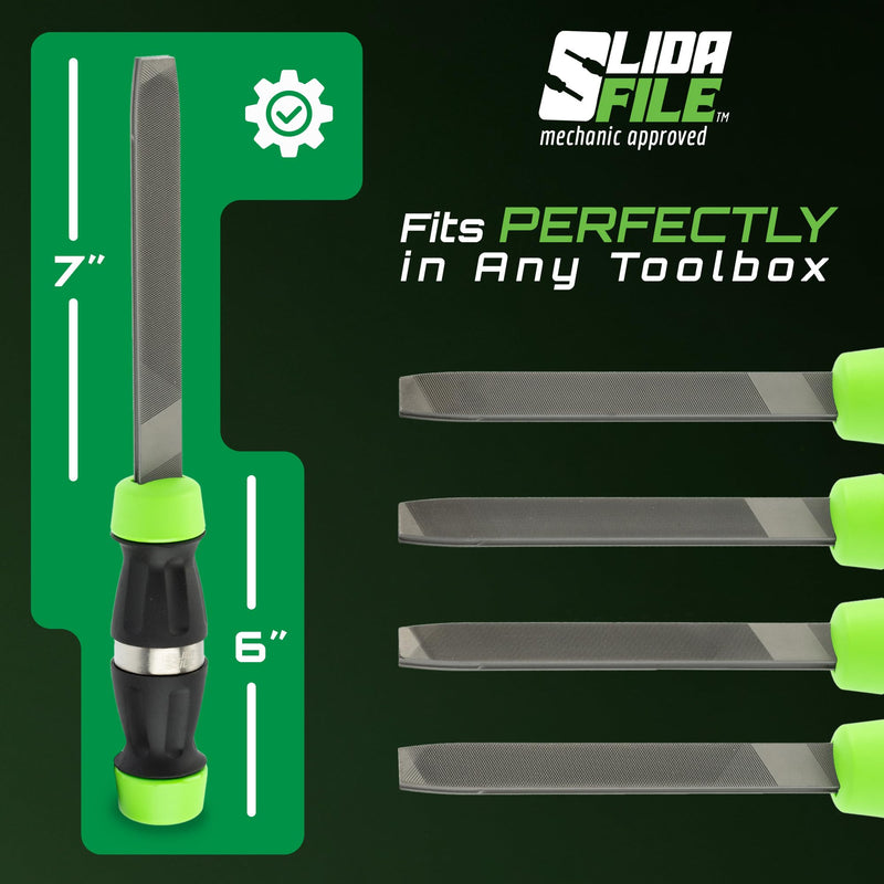 Slida File 4-in-1 Metal File Tool – Bastard, Smooth, Double & Second Cut | Sharpens knives, deburrs metal, shapes plastic & aluminum, removes rust — quick-swap grades, fits most toolboxes Black-green