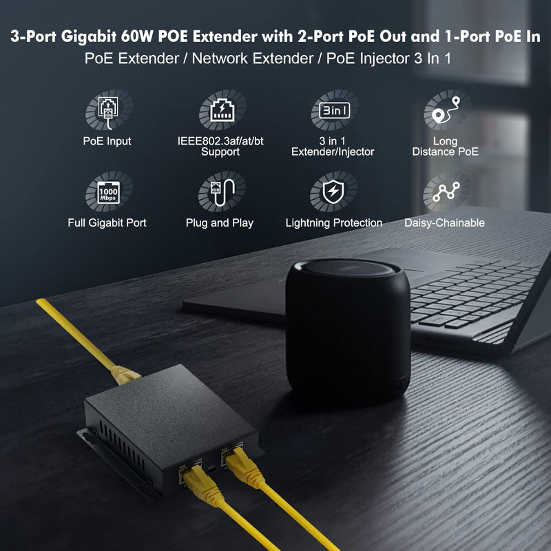 Gigabit PoE Extender Passthrough Switch, 1 PoE in 2 PoE Out, IEEE802.3af/at/bt PoE Powered Max 60W, Hi-PoE 90W, 10/100/1000Mbps, Metal Small Wall Mount PoE Extender/Injector/Network Extender 1000M 60W