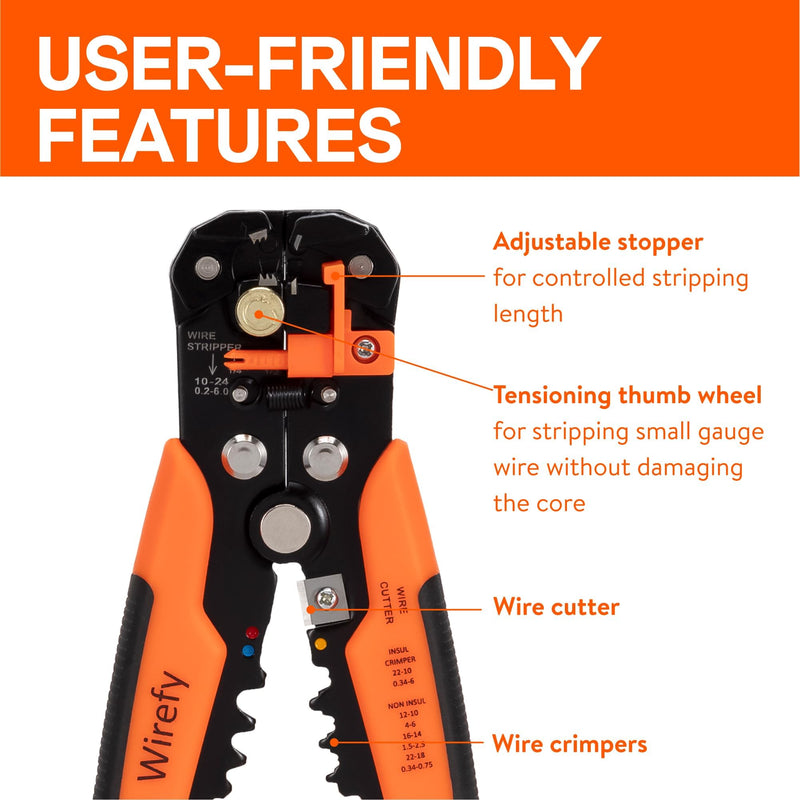 Wirefy Automatic Wire Stripper Tool | Self-Adjusting 3-in-1 Wire Stripper, Cutter & Crimper for 24-10 AWG / 0.2-6 mm² | Ergonomic Professional Electrical Tool Wire Stripper Tool - 22-10 AWG
