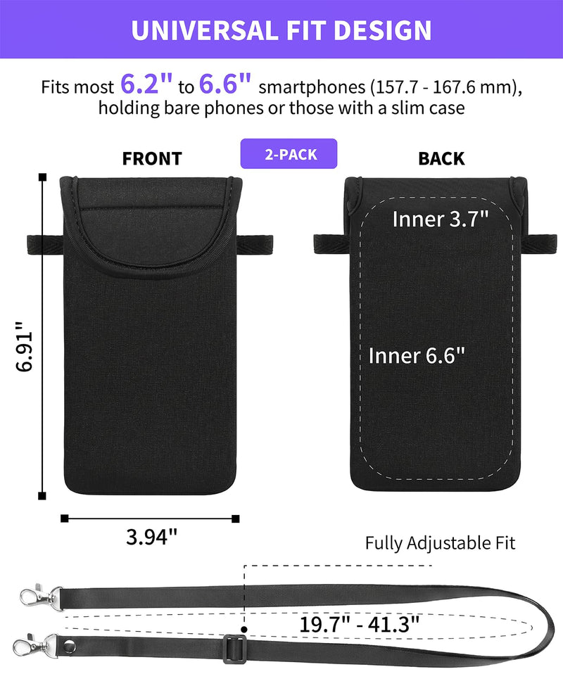 2-Pack Neoprene Cell Phone Pouch with Neck Lanyard, Fits 6.7" Black | Soft neoprene pouch, fits 6.21-6.6 inch phones with slim cases, neck lanyard, for daily hands free carry