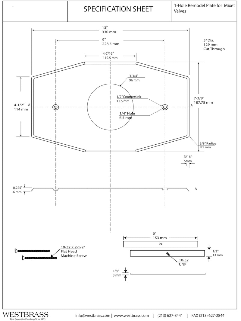 Westbrass A503-26 One-Hole Remodel Cover Plate for Mixet Bathtub and Shower Valves, Polished Chrome