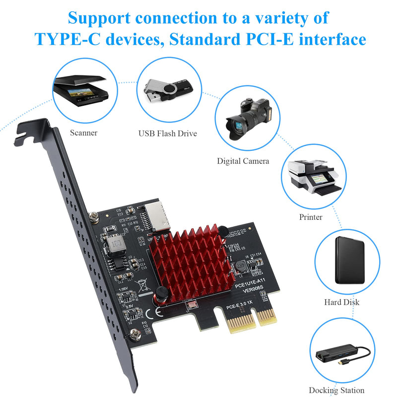 Pcie USB Card,PCI-E 1X to USB3.1 A-Key Gen2 Front Type-C Expansion Card,10Gbps Type-E Internal Front Panel Connector Riser Card,PCI Express 3.0 X1 Adapter for Desktop PCs (ASM3142) PCIE 1X USB 3.1 Type-e