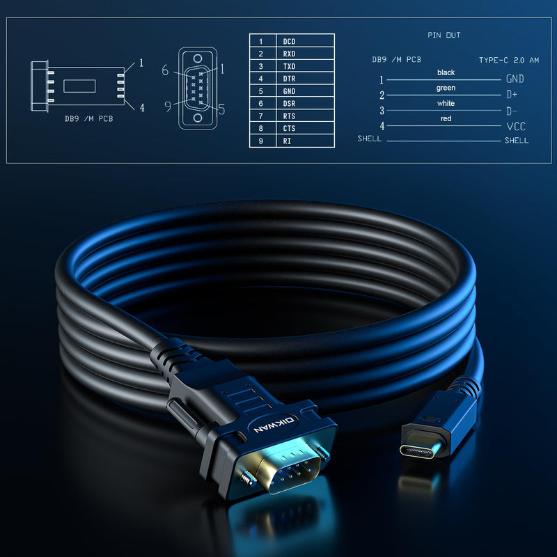 USB Type C to RS232 DB9 Serial Port Adapter Cable, FTDI Chipset, Supports Windows 11, 10, 8, 7 and Mac Linux 6FT USB-C to Serial DB9