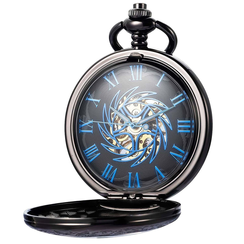 Mechanical Pocket Watch, for Men Women Special Magnifier Half Hunter Engraved Case Roman Numerals with Chain Bc. Sun-God-Bird, Black Blue