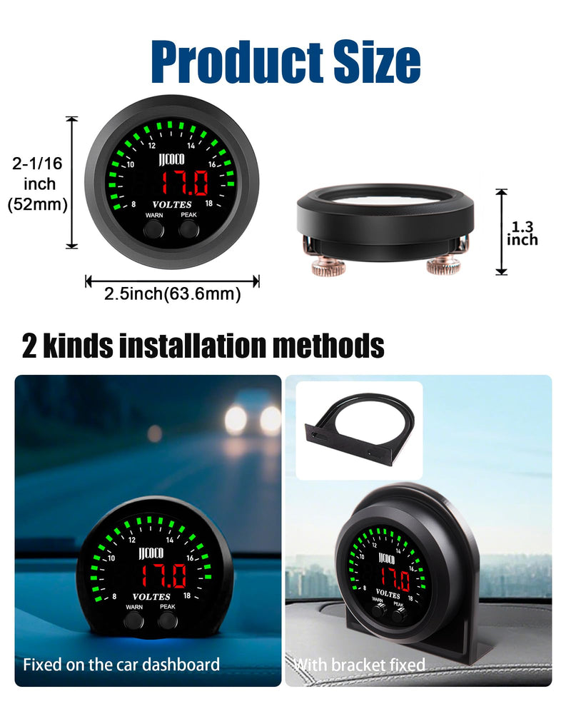  [AUSTRALIA] - 8~18V Voltmeter Gauge Digital Volt Gauge 12V/24V DC LED Display Voltage Meter Kit with Mounting Bracket for Car Truck Vehicle Automotive 2-1/16" 52mm Round Green+Red