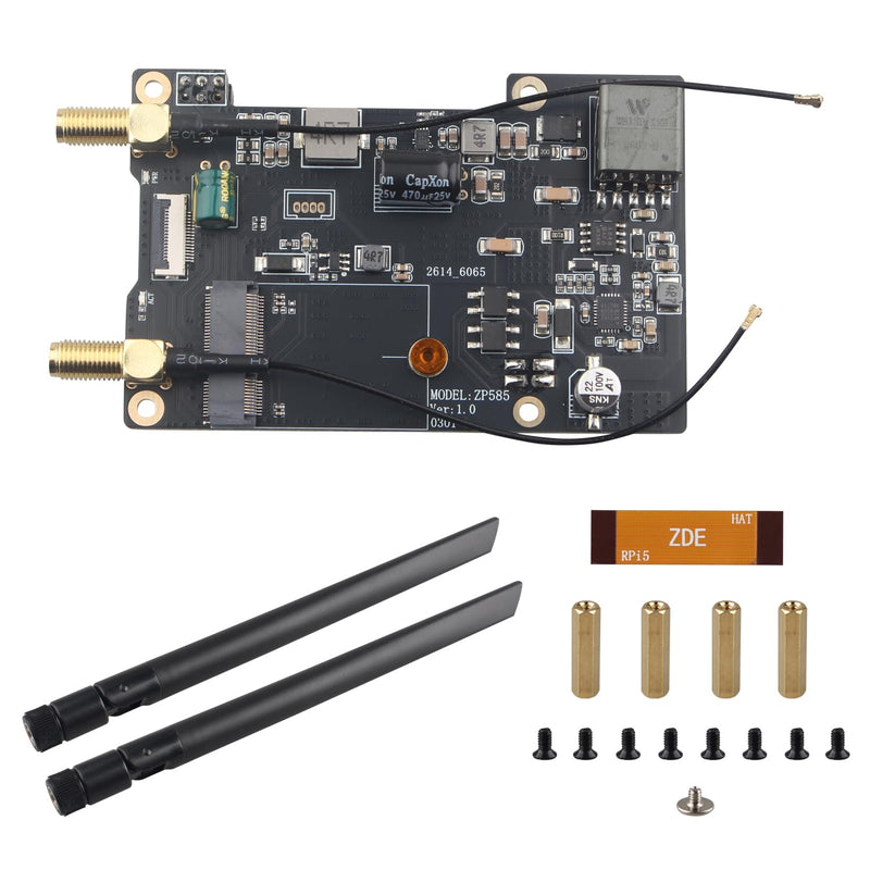 ZDE ZP585 PoE+ HAT PCIe to M.2 E Key WiFi7 6 6E 5 HAT Adapter Expansion Board Power Over Ethernet for Raspberry Pi 5 Support Google TPU WiFi 7 BE200 WIFI6E AX210 MT7922 WIFI6 AX200