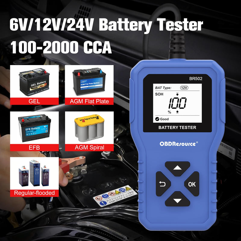 Car Battery Tester 6V 12V 24V Battery Voltage Tester, BR502 100-2000 CCA 2Ah-220Ah Internal Resistance Tester Automotive Accurate Digital Auto Battery Analyzer for Car Truck Marine Motorcycle SUV Boat Blue