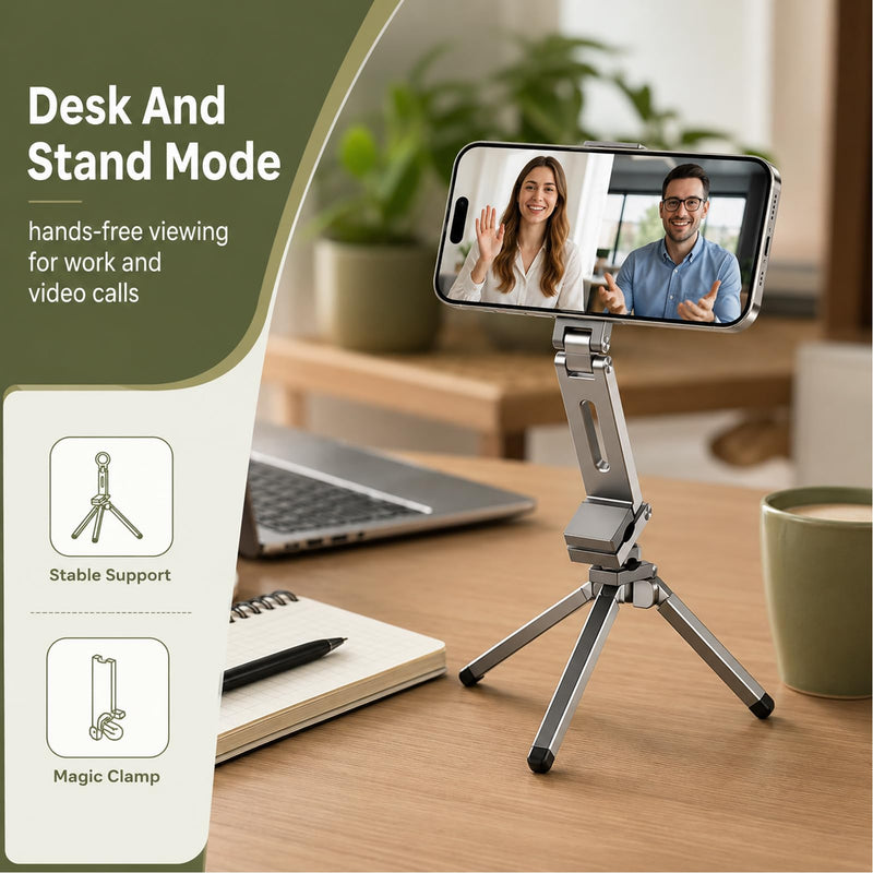 MagSafe Tripod 360 Foldable Aluminum | For MagSafe and Non MagSafe Phones, Portable Tripod with N52 Magnet, 38mm Clamp for Airplane Gym Desk, 2 Metal Rings