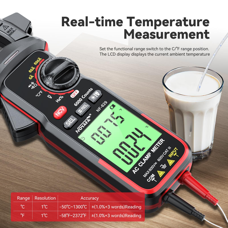 NOYAFA Digital Clamp Meter Multimeter 6000 Counts TRMS, Clamp Multimeter Tester for 600V AC/DC Voltage, High AC Current, Capacitance, Diode Test, Continuity Test, Temperature, Frequency Duty Cycle