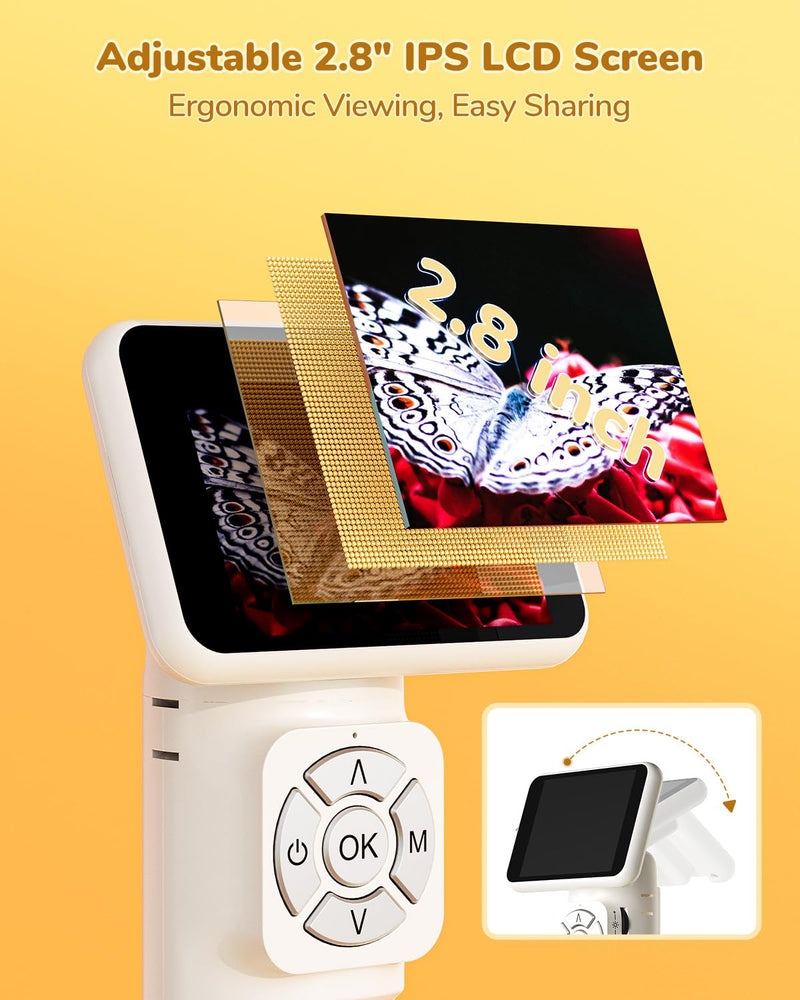 JL113 Microscope for Kids Adults with 2.8" IPS Screen, Handheld Digital Microscope Camera Anti-Shake, 1080P USB Coin Magnifier for Adults with 8 LED Light, Science Kit Kids, PC View, 32GB